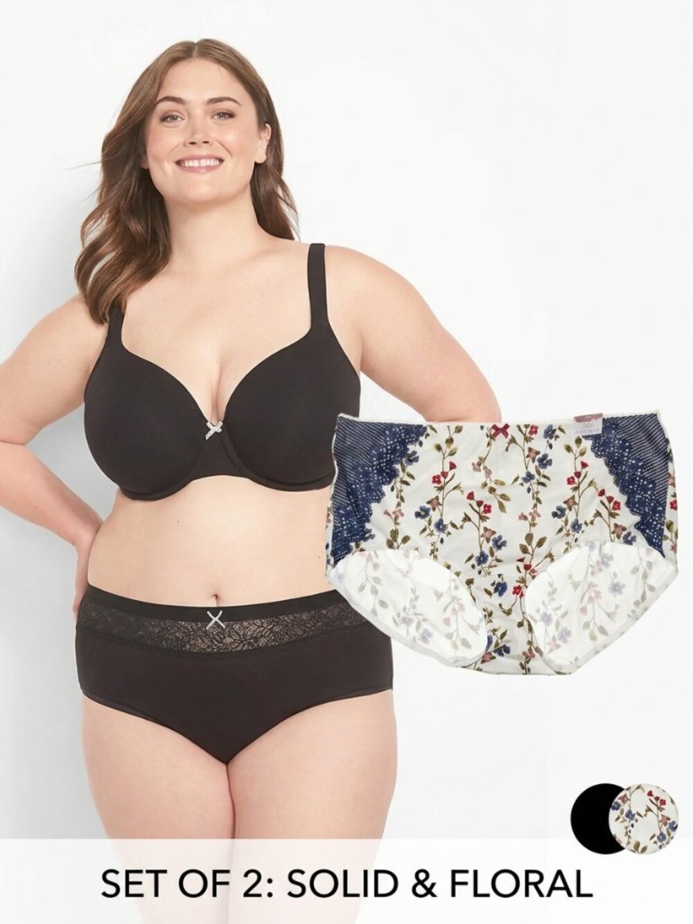 Lane Bryant Set of 2 Cacique Cotton Full Brief Black Lace White Floral Blue Lace